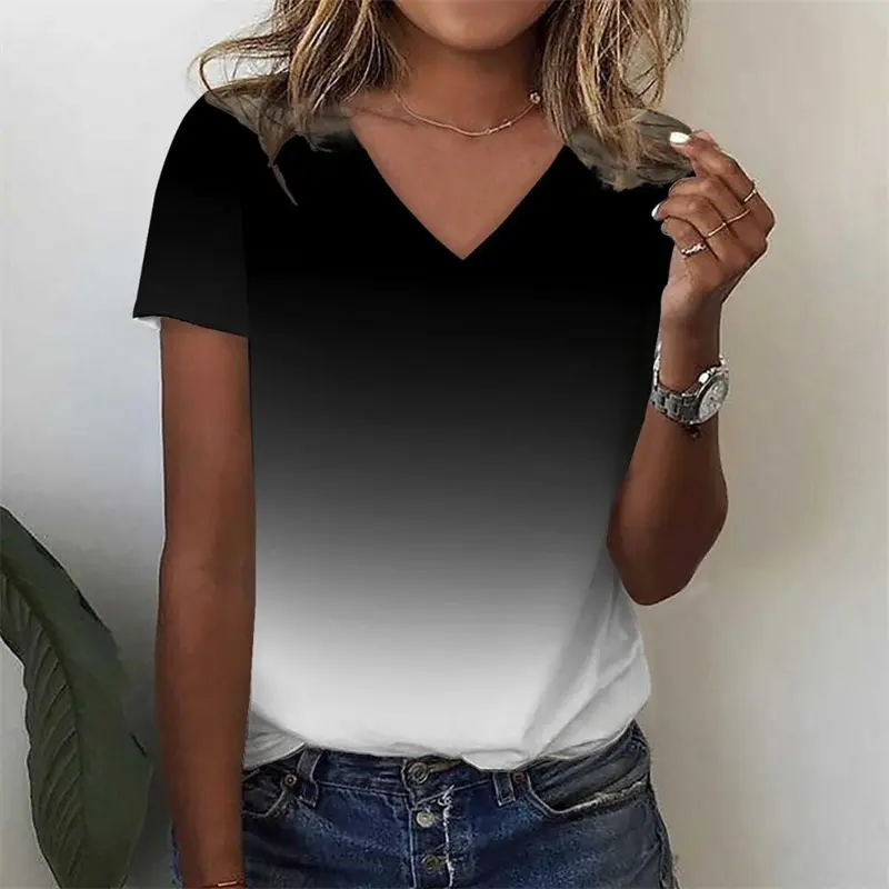 3d Printed Women's T-shirt Simple Gradient Color V-neck Tops Summer Retro Harajuku Ladies T-shirt Loose Clothing Polyester Tops