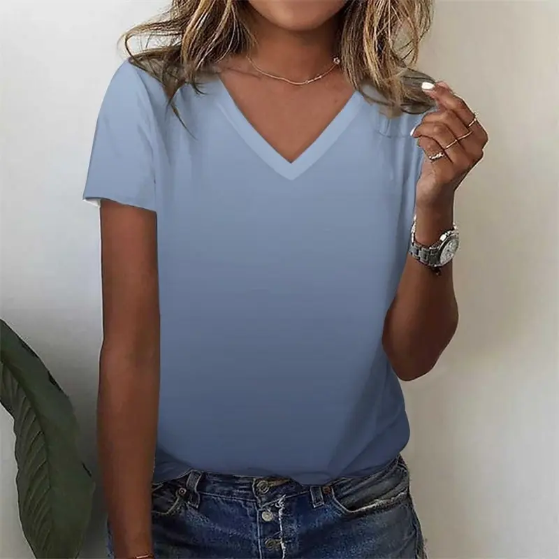 3d Printed Women's T-shirt Simple Gradient Color V-neck Tops Summer Retro Harajuku Ladies T-shirt Loose Clothing Polyester Tops