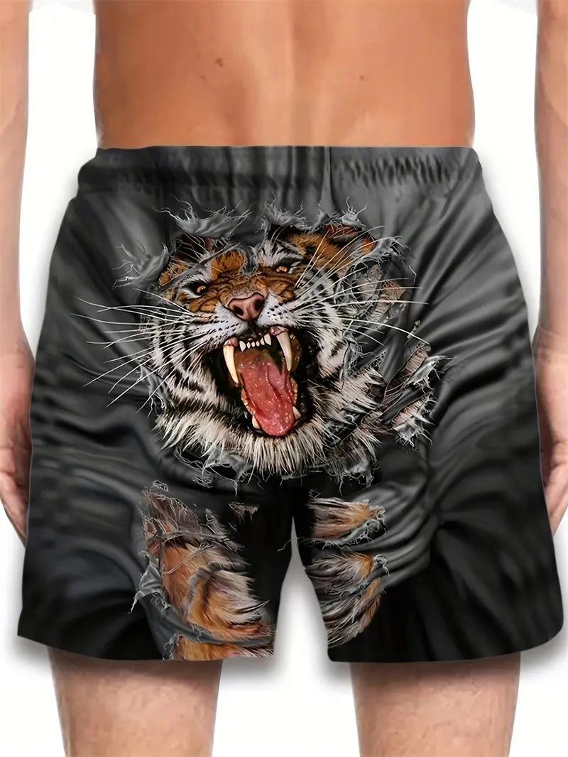 2025 New Men Beach Short Summer Fashion Quick Drying Sports Shorts Tiger Graphic 3D Printed Breathable Casual Swimming Trunks