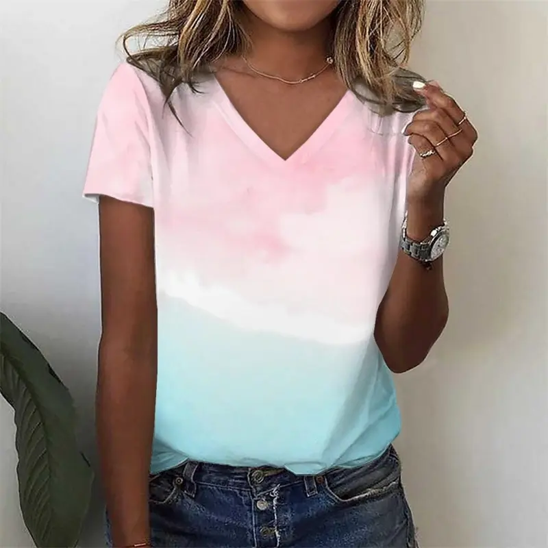 3d Printed Women's T-shirt Simple Gradient Color V-neck Tops Summer Retro Harajuku Ladies T-shirt Loose Clothing Polyester Tops