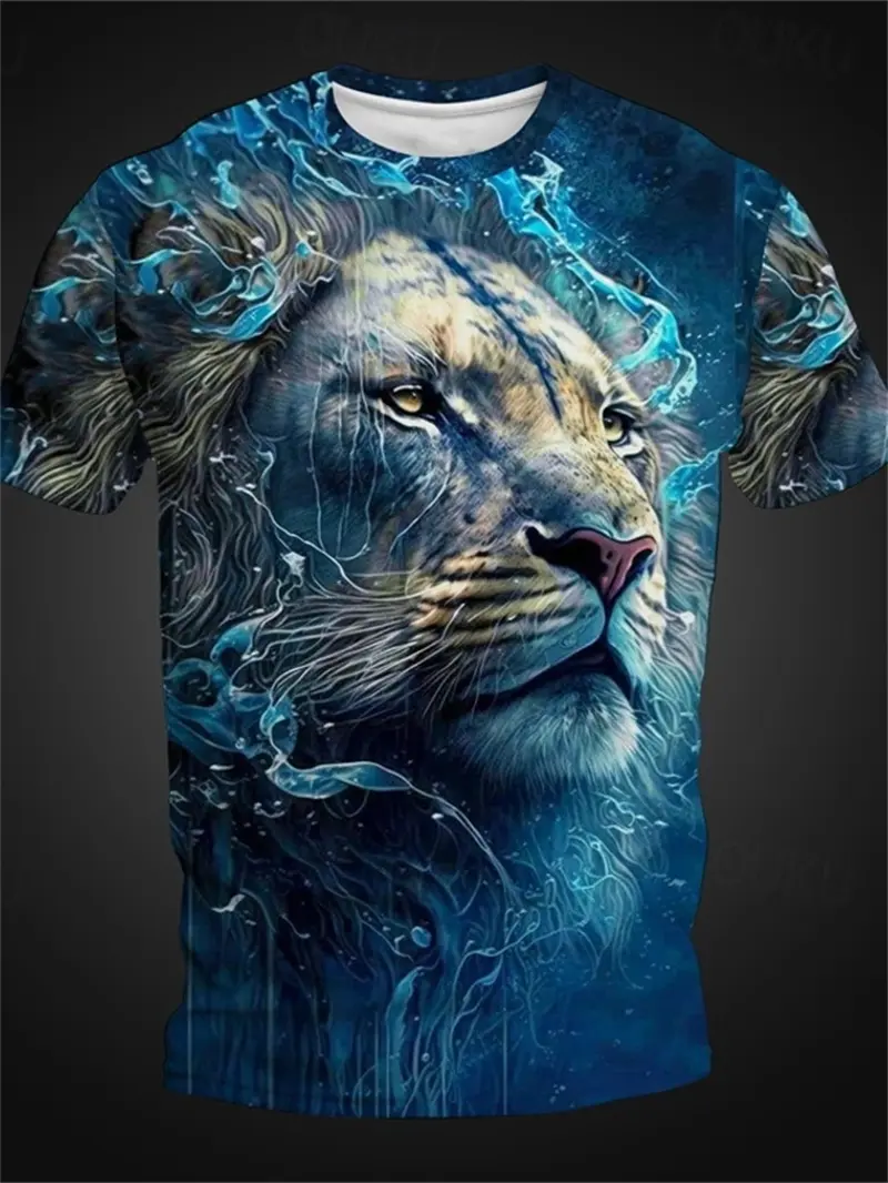 Vintage Men's T Shirt Summer New 3D Cool Lion Printed T-shirt Trendy Hip Hop Men's Fashion O Neck Oversized Sports Short Sleeve