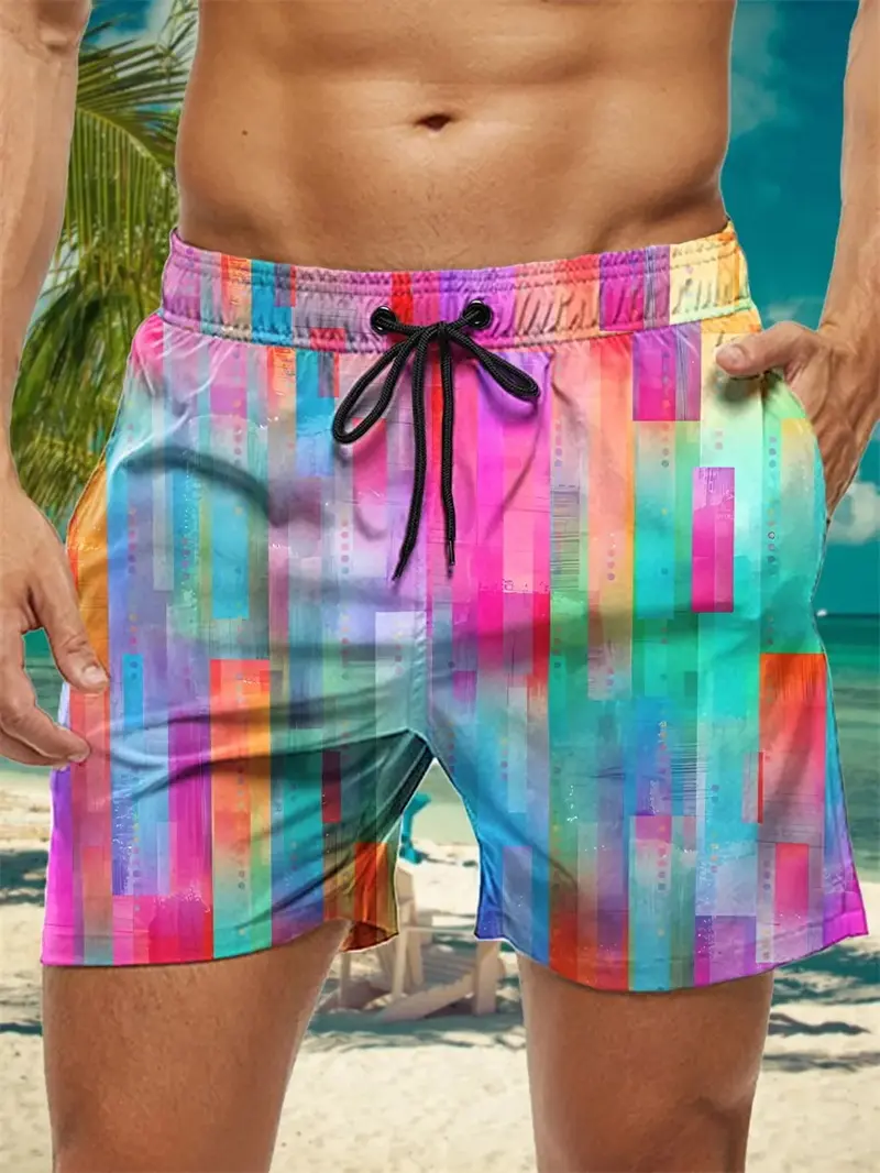 Rainbow Colored Pattern 3D Printed Mens Swimming Trunks Quick Dry Beach Board Shorts Swimwear Suits Summer Vacation Shorts New