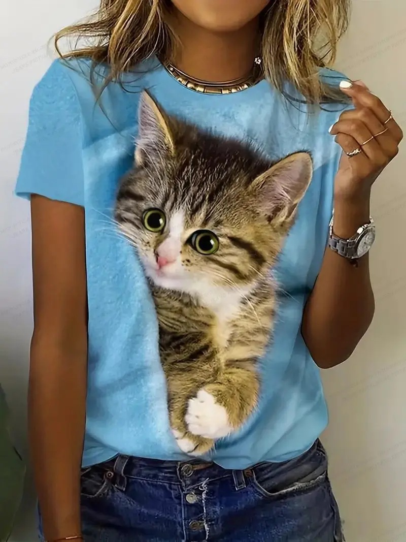 Cute Anime Cat 3d Print Women's T-shirts Funny Kawaii Animal T Shirt Girls Streetwear Y2k Clothing Fashion Tops Woman 2024