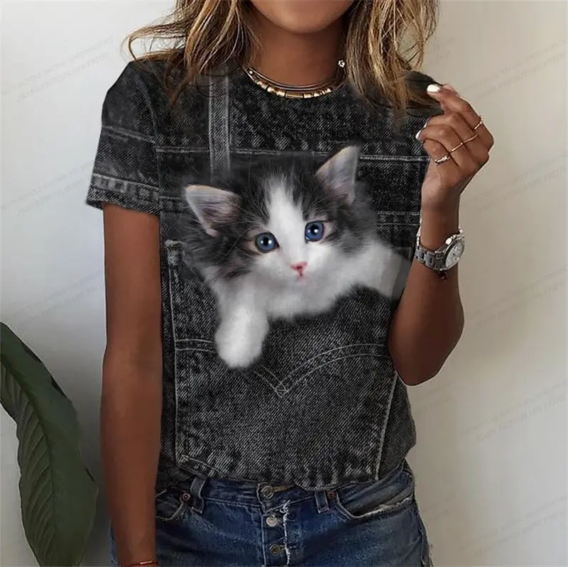 Cute Anime Cat 3d Print Women's T-shirts Funny Kawaii Animal T Shirt Girls Streetwear Y2k Clothing Fashion Tops Woman 2024