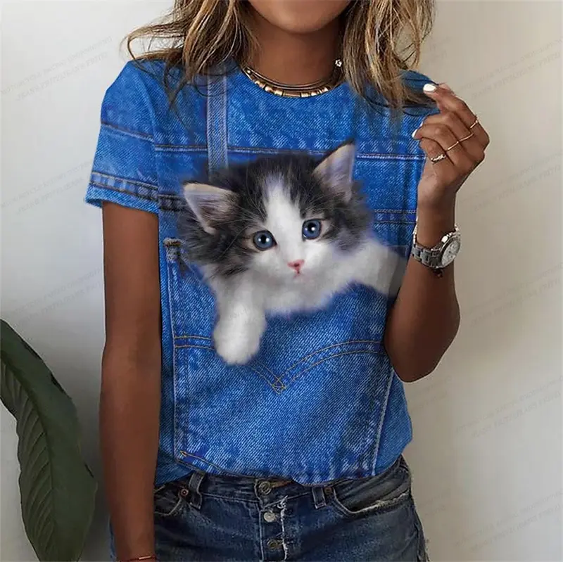 Cute Anime Cat 3d Print Women's T-shirts Funny Kawaii Animal T Shirt Girls Streetwear Y2k Clothing Fashion Tops Woman 2024