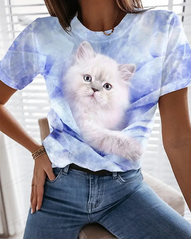 Cute Anime Cat 3d Print Women's T-shirts Funny Kawaii Animal T Shirt Girls Streetwear Y2k Clothing Fashion Tops Woman 2024