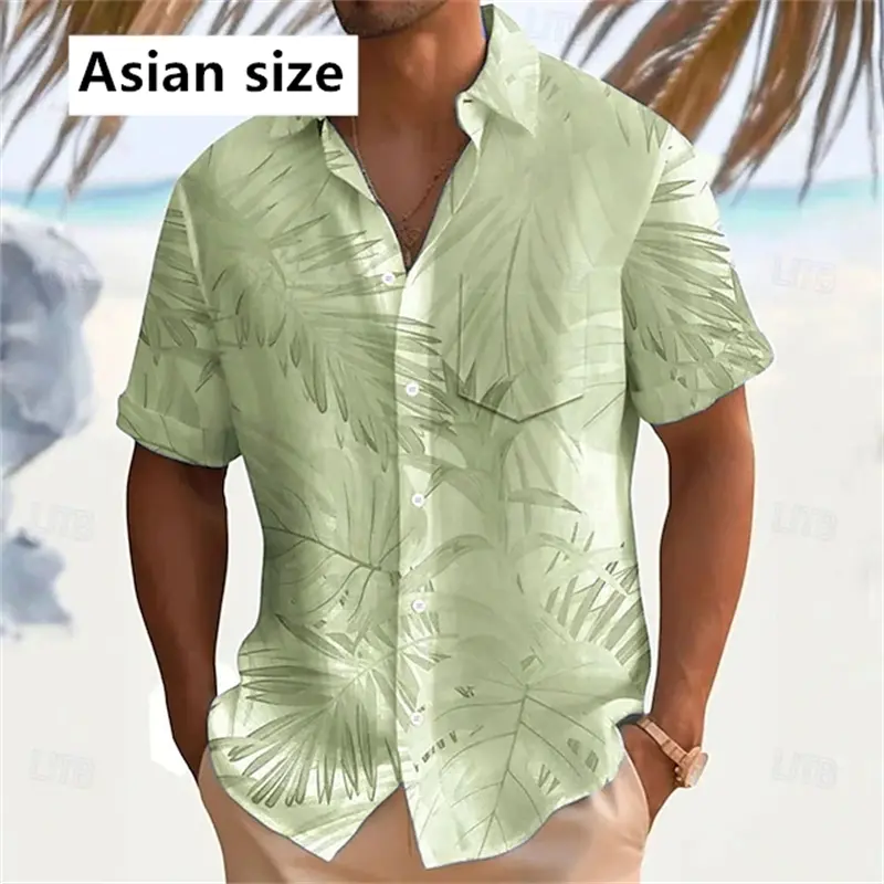 Summer Men Hawaiian Shirts 3D Print Palm Leaf Lapel Unisex Fashion Short Sleeve Shirt Simple Popular Button Down Women Blouse