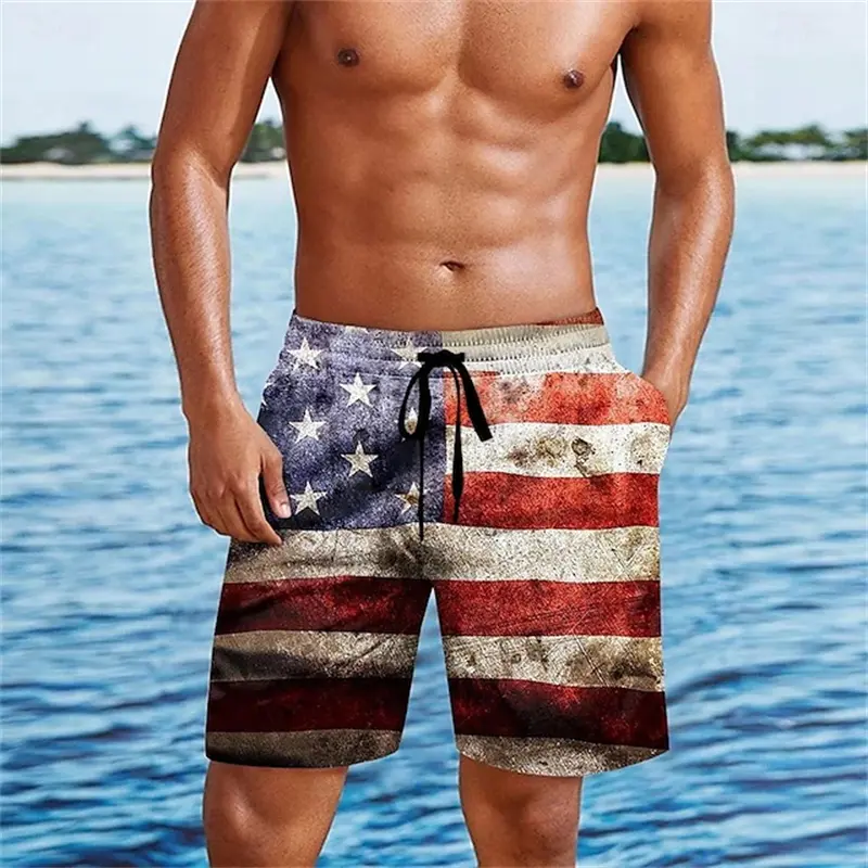 American Flag Graphic Retro Men's Swimwear Shorts 3d Surfing Board Beach Shorts New Men Trunk USA Flag Swimsuit Sports Pants