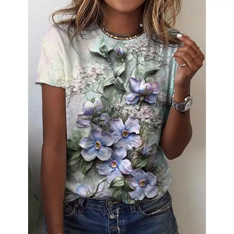 Summer Clothes Women 2024 Harajuku Flower 3D Women's Y2k Graphic T Shirts Casaul Everyday Tops Female Short Sleeve Tee Blouse