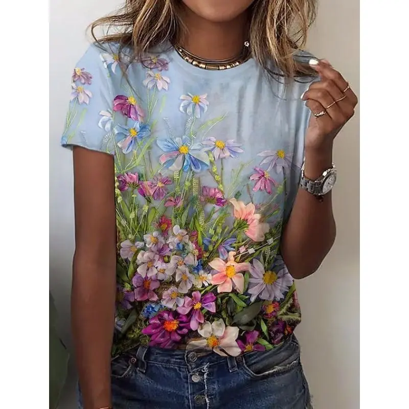 Summer Clothes Women 2024 Harajuku Flower 3D Women's Y2k Graphic T Shirts Casaul Everyday Tops Female Short Sleeve Tee Blouse