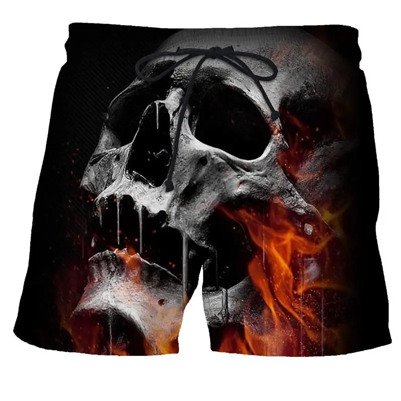 3D Print Skull Graphic Beach Shorts For Men Casual Sports Shorts Summer Cool Flame Skull Quick Drying Shorts Men Hip Hop Trunks