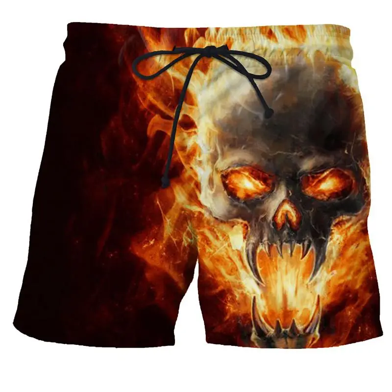 3D Print Skull Graphic Beach Shorts For Men Casual Sports Shorts Summer Cool Flame Skull Quick Drying Shorts Men Hip Hop Trunks