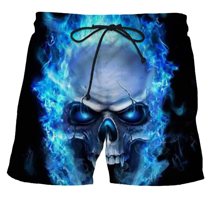 3D Print Skull Graphic Beach Shorts For Men Casual Sports Shorts Summer Cool Flame Skull Quick Drying Shorts Men Hip Hop Trunks
