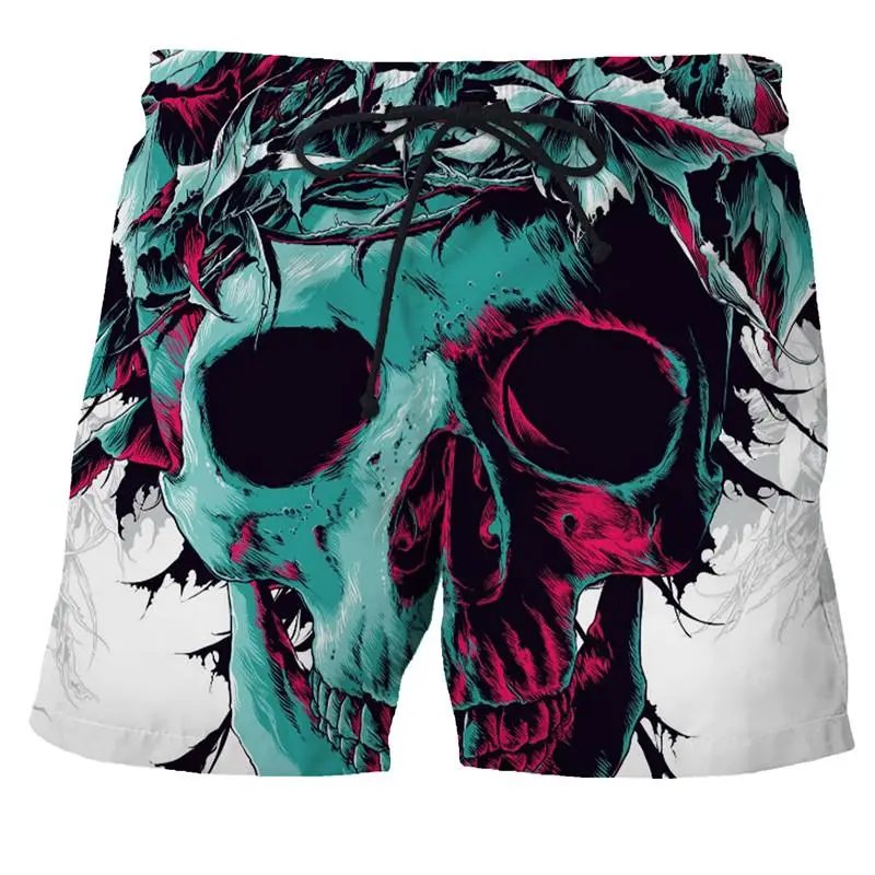 3D Print Skull Graphic Beach Shorts For Men Casual Sports Shorts Summer Cool Flame Skull Quick Drying Shorts Men Hip Hop Trunks