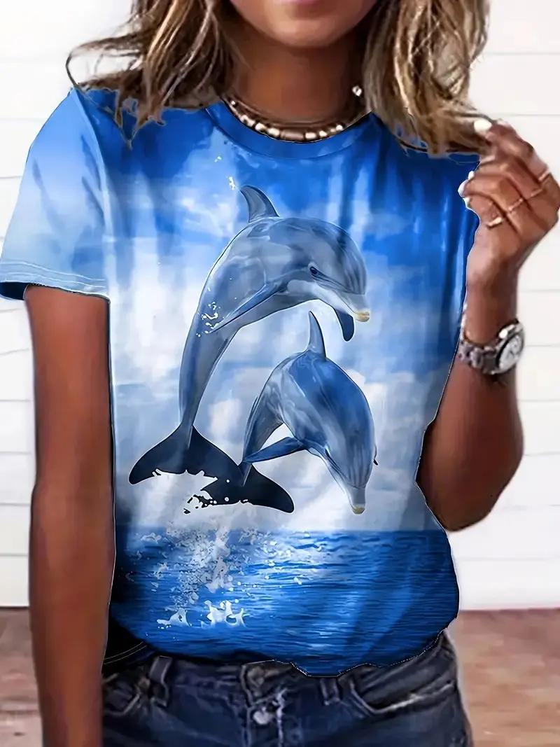 New Trendy 3D Printing Dolphin Graphic T-shirt Men Women Loose Casual Round Neck Short-sleeved T-shirt Summer Oversize Y2k Tees