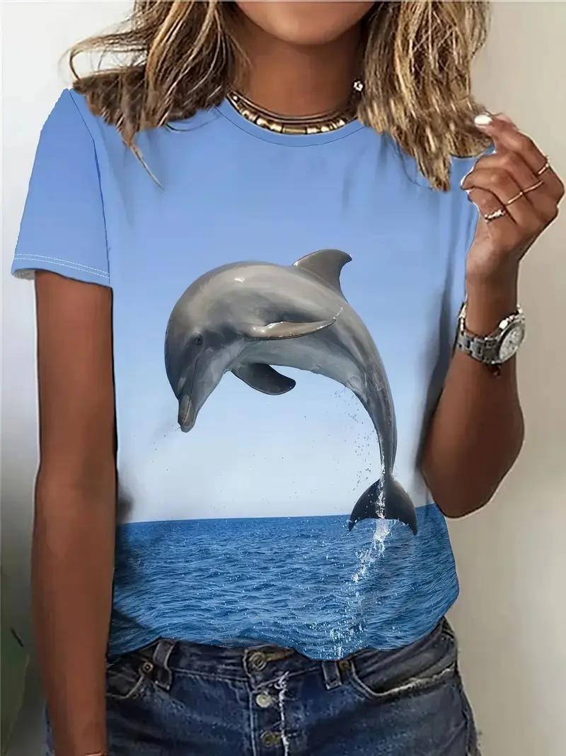 New Trendy 3D Printing Dolphin Graphic T-shirt Men Women Loose Casual Round Neck Short-sleeved T-shirt Summer Oversize Y2k Tees