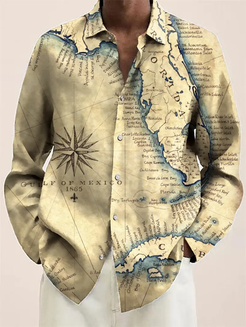 Fashion Earth Map Graphic Shirts For Men Street Style Casual Unisex Retro 3D World Map Print Long Sleeve Shirt Designer Clothes