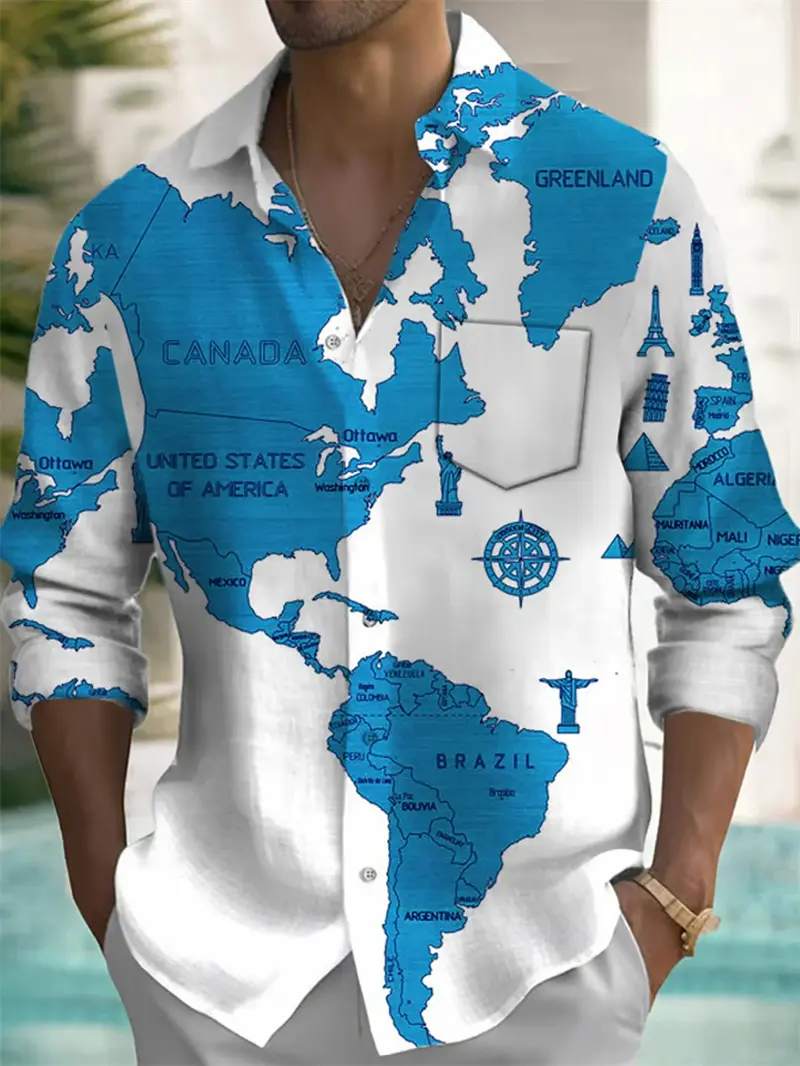 Fashion Earth Map Graphic Shirts For Men Street Style Casual Unisex Retro 3D World Map Print Long Sleeve Shirt Designer Clothes