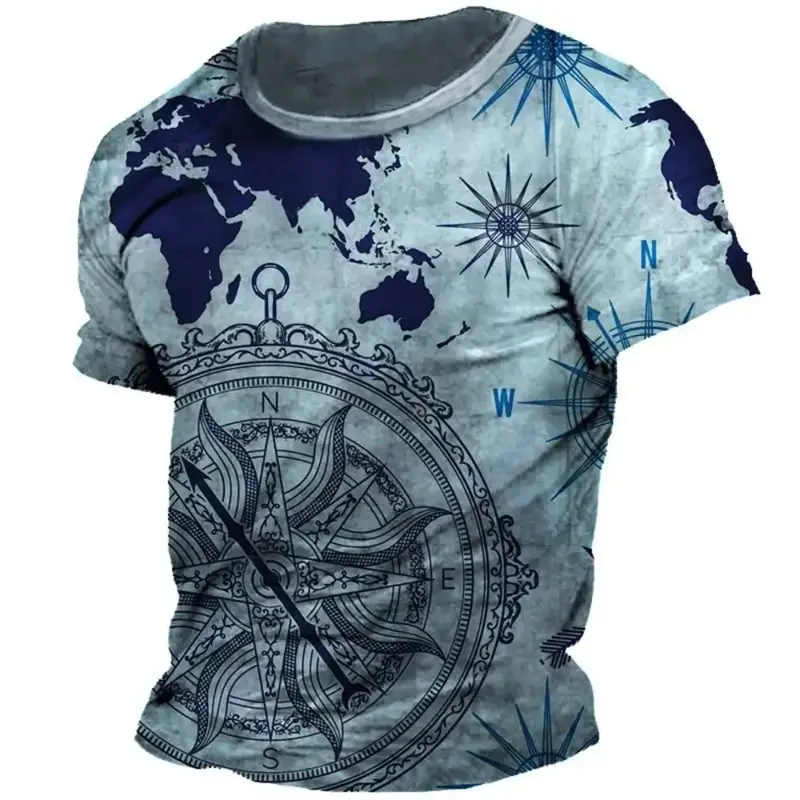 Men Summer T Shirt Compass Navigation Anchor 3D Prined T-shirt Men's Retro Style Round Neck Short Sleeved Men's Clothing Tshirts