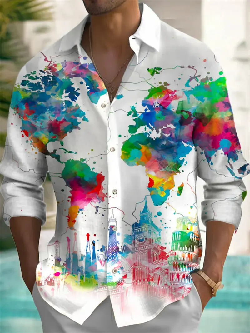 Fashion Earth Map Graphic Shirts For Men Street Style Casual Unisex Retro 3D World Map Print Long Sleeve Shirt Designer Clothes