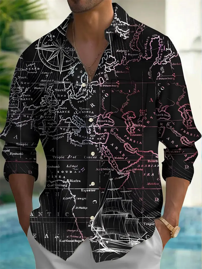 Fashion Earth Map Graphic Shirts For Men Street Style Casual Unisex Retro 3D World Map Print Long Sleeve Shirt Designer Clothes