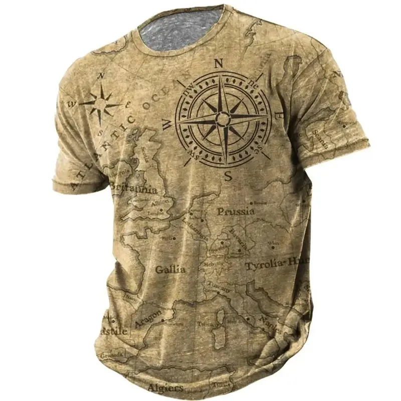 Men Summer T Shirt Compass Navigation Anchor 3D Prined T-shirt Men's Retro Style Round Neck Short Sleeved Men's Clothing Tshirts