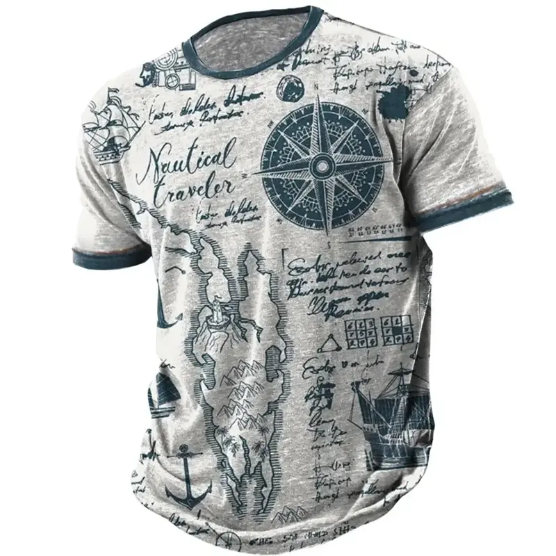 Men Summer T Shirt Compass Navigation Anchor 3D Prined T-shirt Men's Retro Style Round Neck Short Sleeved Men's Clothing Tshirts