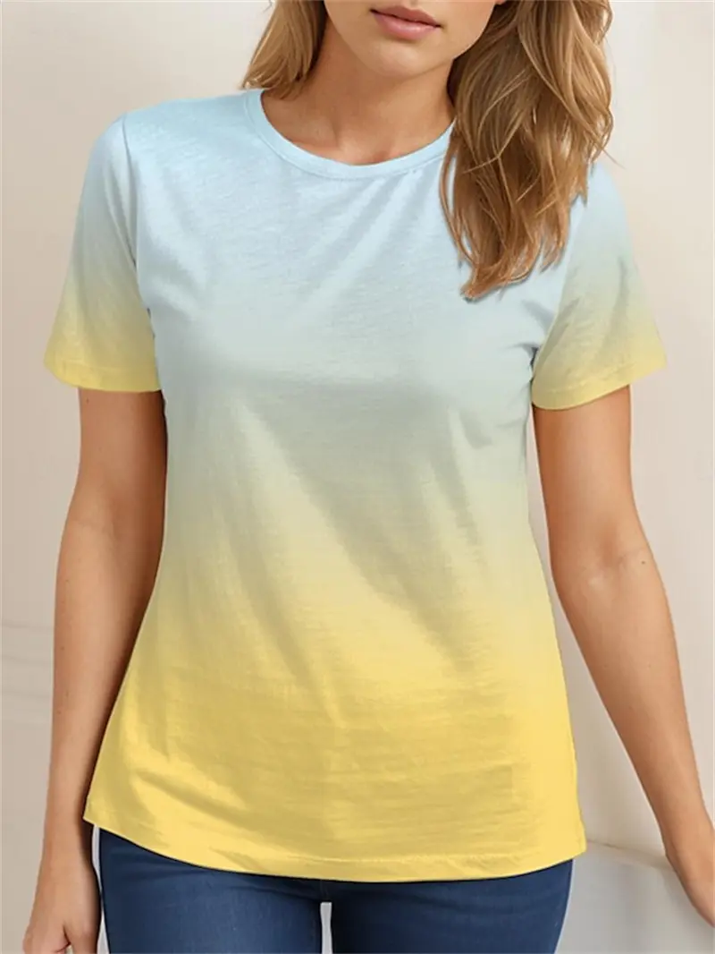Women's Color Gradient Yellow Blue Orange Print T Shirt Female Classic Fashion Short Sleeve T-shirt Ladies O-neck Tops Tees