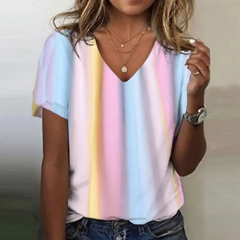 Colorful Gradient Graphic 3D Print T-shirts Women V-Neck T Shirt Short Sleeve Y2k Top Harajuku Streetwear Oversized Tee Women