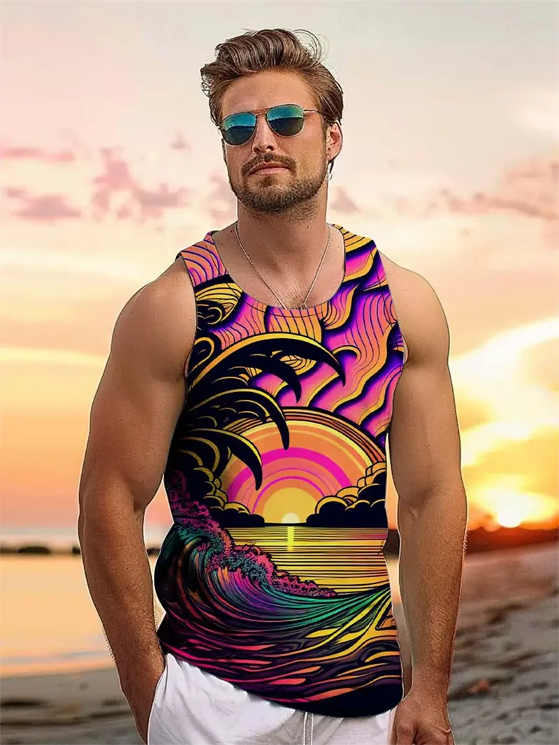 Tropical Plant Palm 3D Graphic Men's Sleeveless Hawaii Vacation Outdoor Casual Tank Tops Summer Travel Street Loose Men Clothing