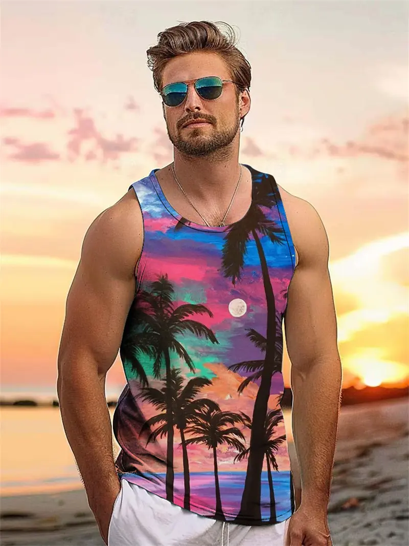 Tropical Plant Palm 3D Graphic Men's Sleeveless Hawaii Vacation Outdoor Casual Tank Tops Summer Travel Street Loose Men Clothing