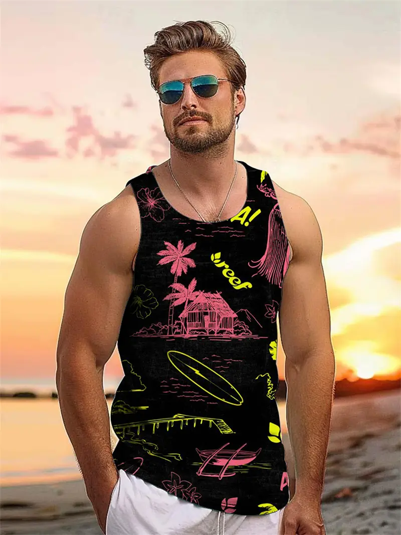 Tropical Plant Palm 3D Graphic Men's Sleeveless Hawaii Vacation Outdoor Casual Tank Tops Summer Travel Street Loose Men Clothing