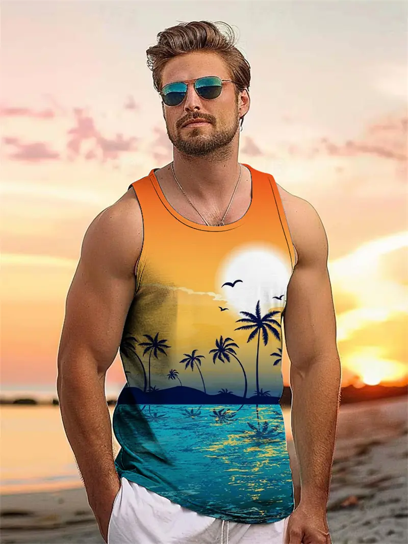 Tropical Plant Palm 3D Graphic Men's Sleeveless Hawaii Vacation Outdoor Casual Tank Tops Summer Travel Street Loose Men Clothing