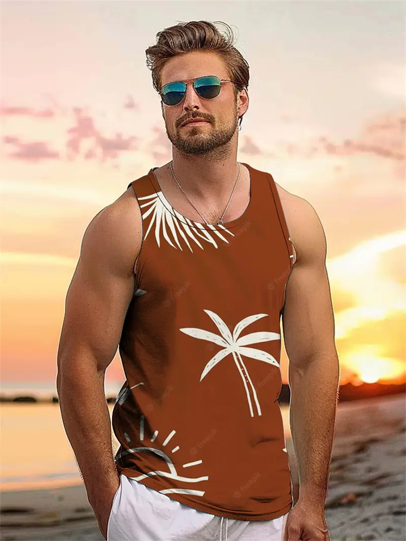 Tropical Plant Palm 3D Graphic Men's Sleeveless Hawaii Vacation Outdoor Casual Tank Tops Summer Travel Street Loose Men Clothing