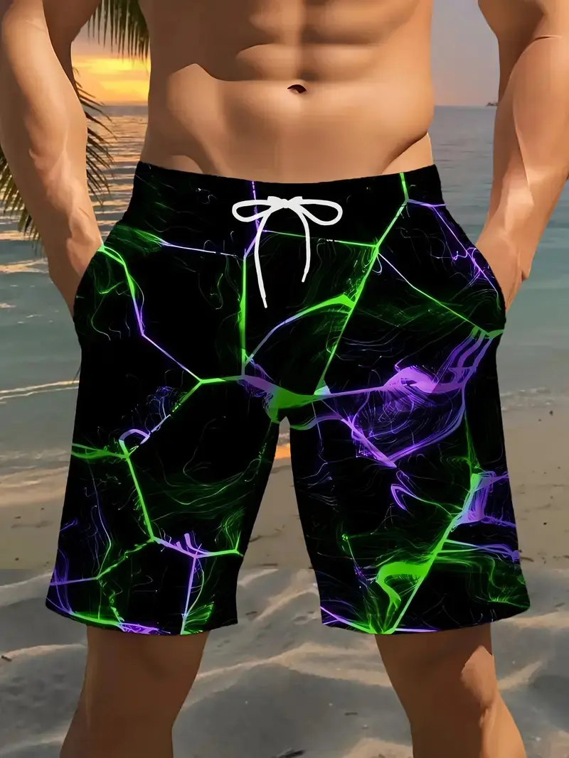 Personality Seawater 3D Crack Lightning Printed Shorts Men's Hawaii Swim Shorts Summer Casual Vacation Beach Trunks Board Pants