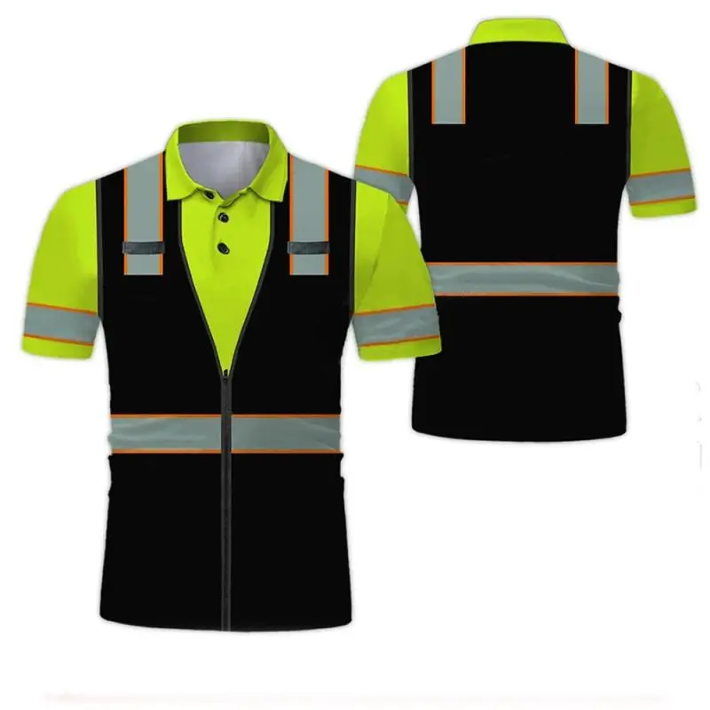 3D Printed Work Uniform Polo Shirts Men's Casual Fashion Workwear Button Lapel Short Sleeve Shirt Man Tees Tops Safety Clothing