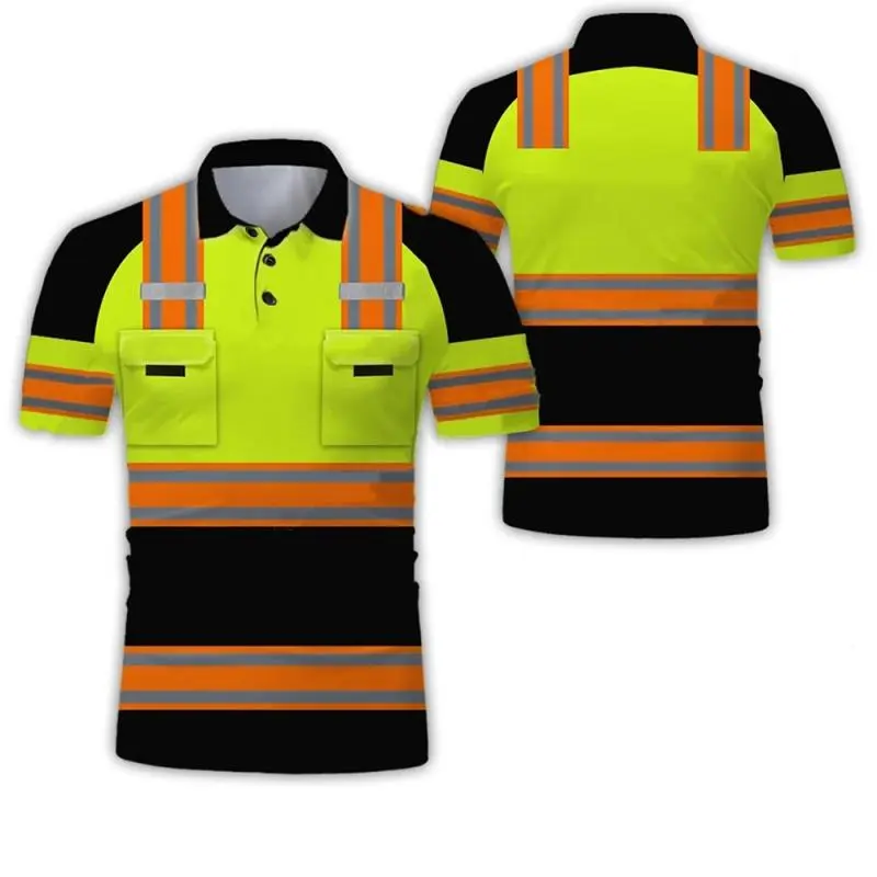 3D Printed Work Uniform Polo Shirts Men's Casual Fashion Workwear Button Lapel Short Sleeve Shirt Man Tees Tops Safety Clothing