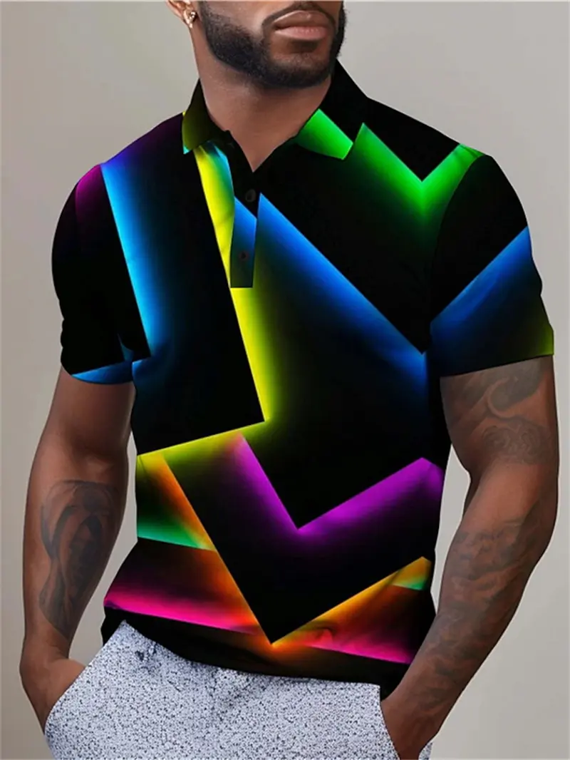 3D Full Print Geometry Abstract Graphic Polo Shirt For Men Clothing Short Sleeve Tops Unisex Turndown Button Polo Shirts Mens