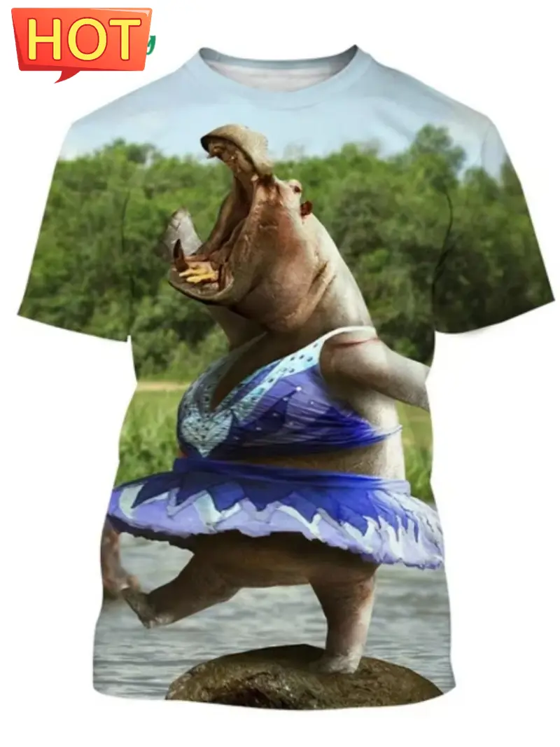3D Printed Funny Hippo Graphic Men's T-Shirt Fashion Street Men Short Sleeved Tee Trend Breathable Men's Clothing New Y2k Tops