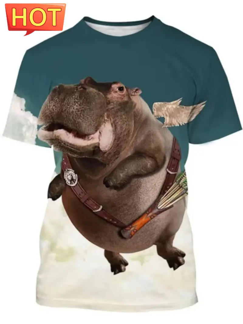 3D Printed Funny Hippo Graphic Men's T-Shirt Fashion Street Men Short Sleeved Tee Trend Breathable Men's Clothing New Y2k Tops
