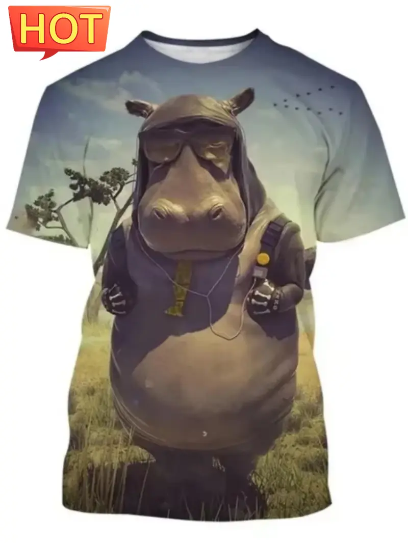 3D Printed Funny Hippo Graphic Men's T-Shirt Fashion Street Men Short Sleeved Tee Trend Breathable Men's Clothing New Y2k Tops