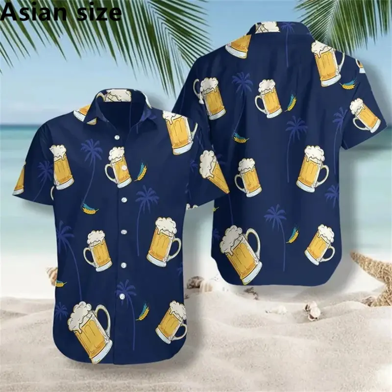 Men's Beer Graphic Hawaii 3D Printed Shirt Fashion Men Shirt Short Sleeve Tee Summer Oversized Casual Female Clothing Blouses