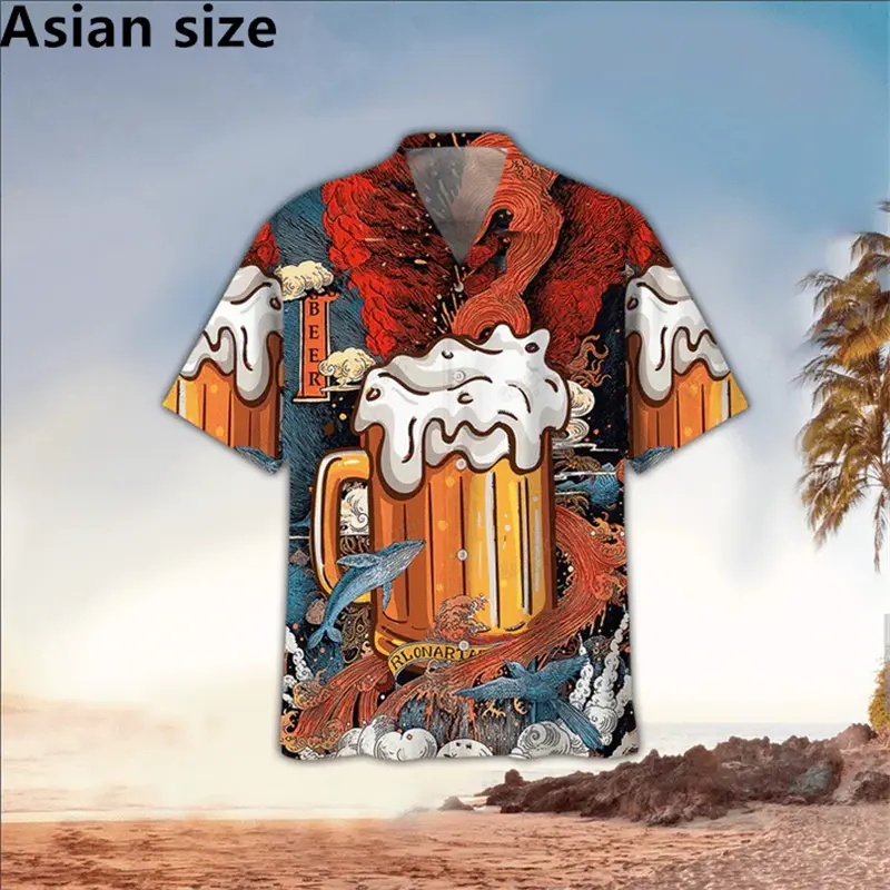 Men's Beer Graphic Hawaii 3D Printed Shirt Fashion Men Shirt Short Sleeve Tee Summer Oversized Casual Female Clothing Blouses