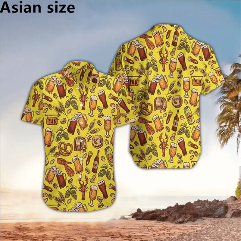 Men's Beer Graphic Hawaii 3D Printed Shirt Fashion Men Shirt Short Sleeve Tee Summer Oversized Casual Female Clothing Blouses