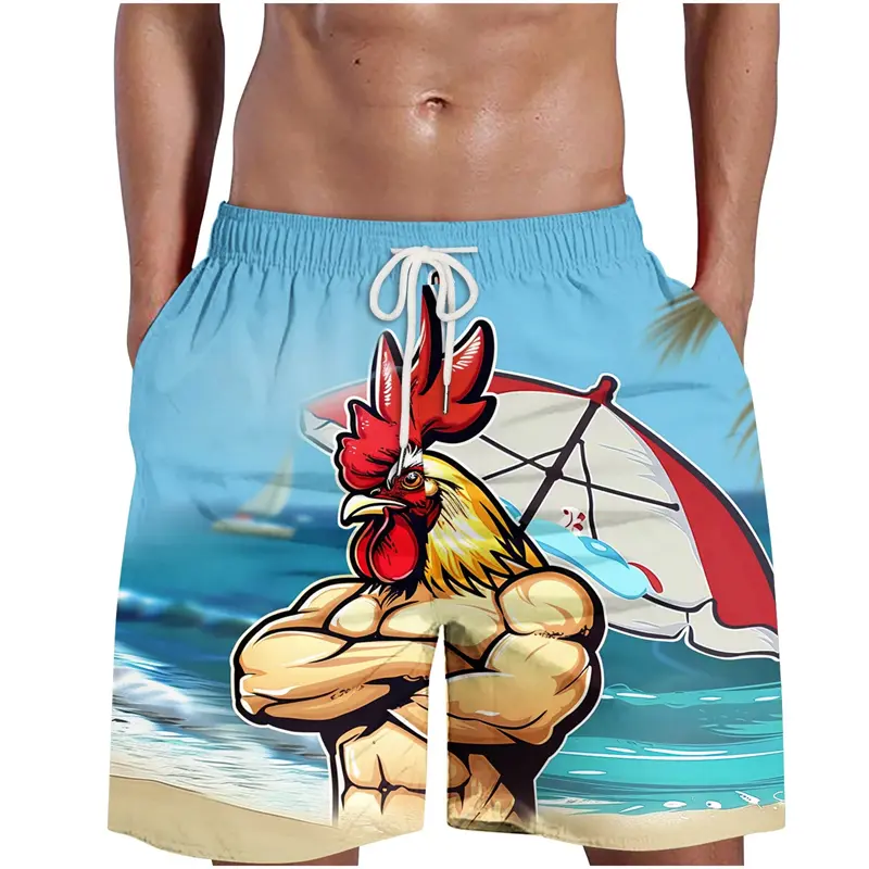 Funny Chicken Head Graphic Beach Pants For Men 3D Printed Cock Animal Pants Summer Casual Hawaiian Street Loose Men Swim Trunks