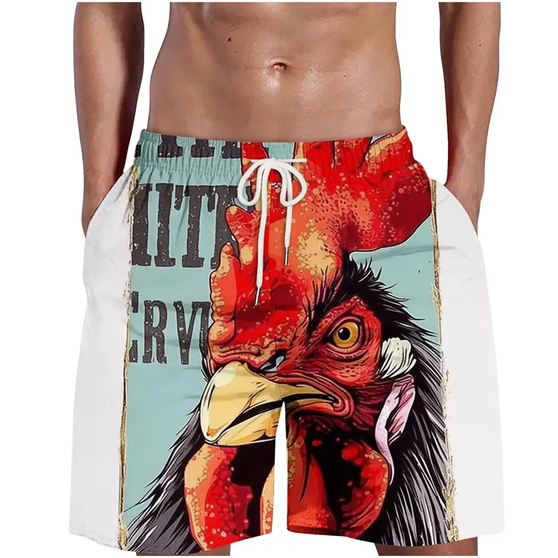 Funny Chicken Head Graphic Beach Pants For Men 3D Printed Cock Animal Pants Summer Casual Hawaiian Street Loose Men Swim Trunks