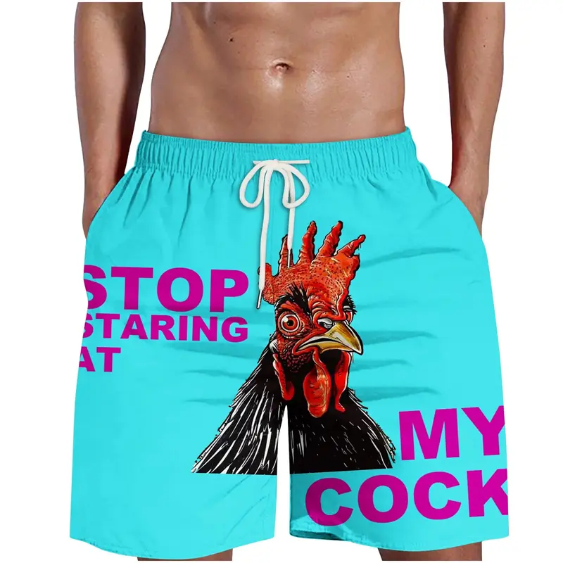 Funny Chicken Head Graphic Beach Pants For Men 3D Printed Cock Animal Pants Summer Casual Hawaiian Street Loose Men Swim Trunks