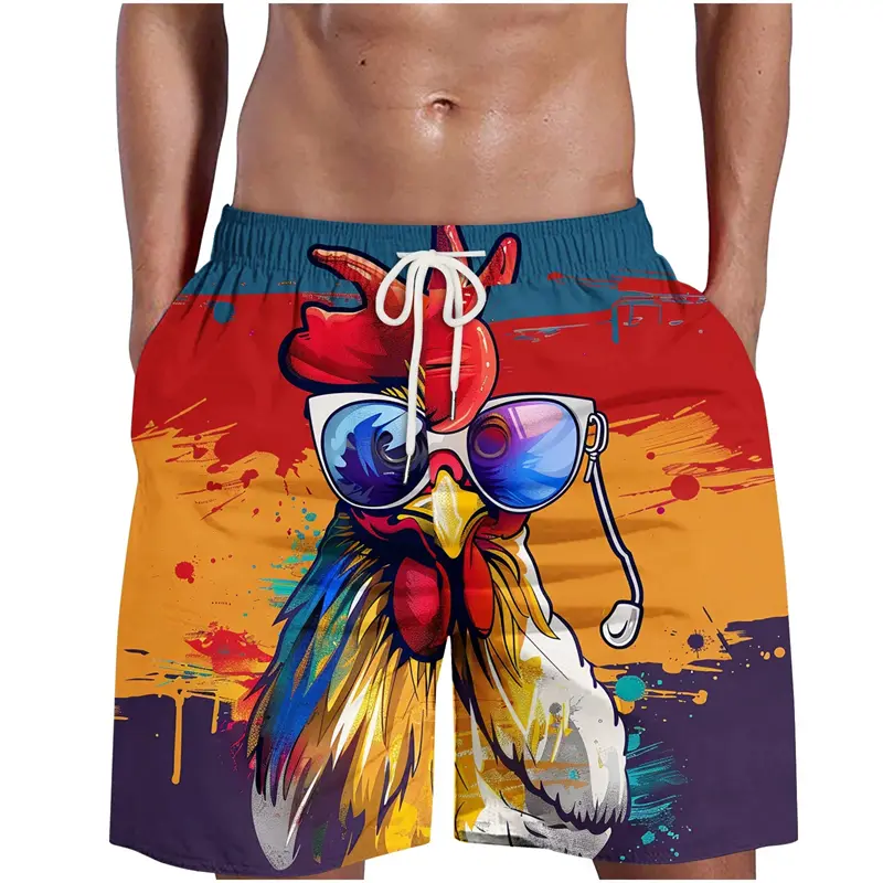 Funny Chicken Head Graphic Beach Pants For Men 3D Printed Cock Animal Pants Summer Casual Hawaiian Street Loose Men Swim Trunks