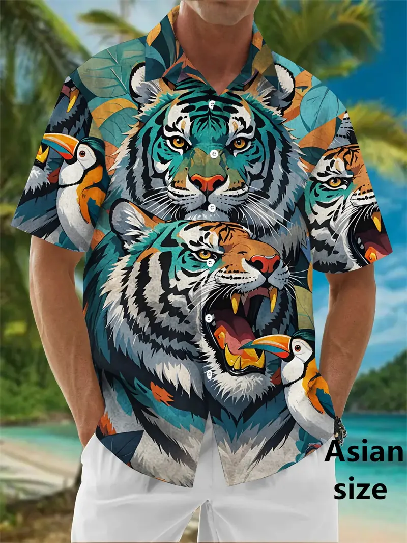 Summer New Animal Tiger Print Hawaiian Shirt For Men Fierce Beast Pattern Short Sleeved Button Lapel Tops Casual Oversized Shirt