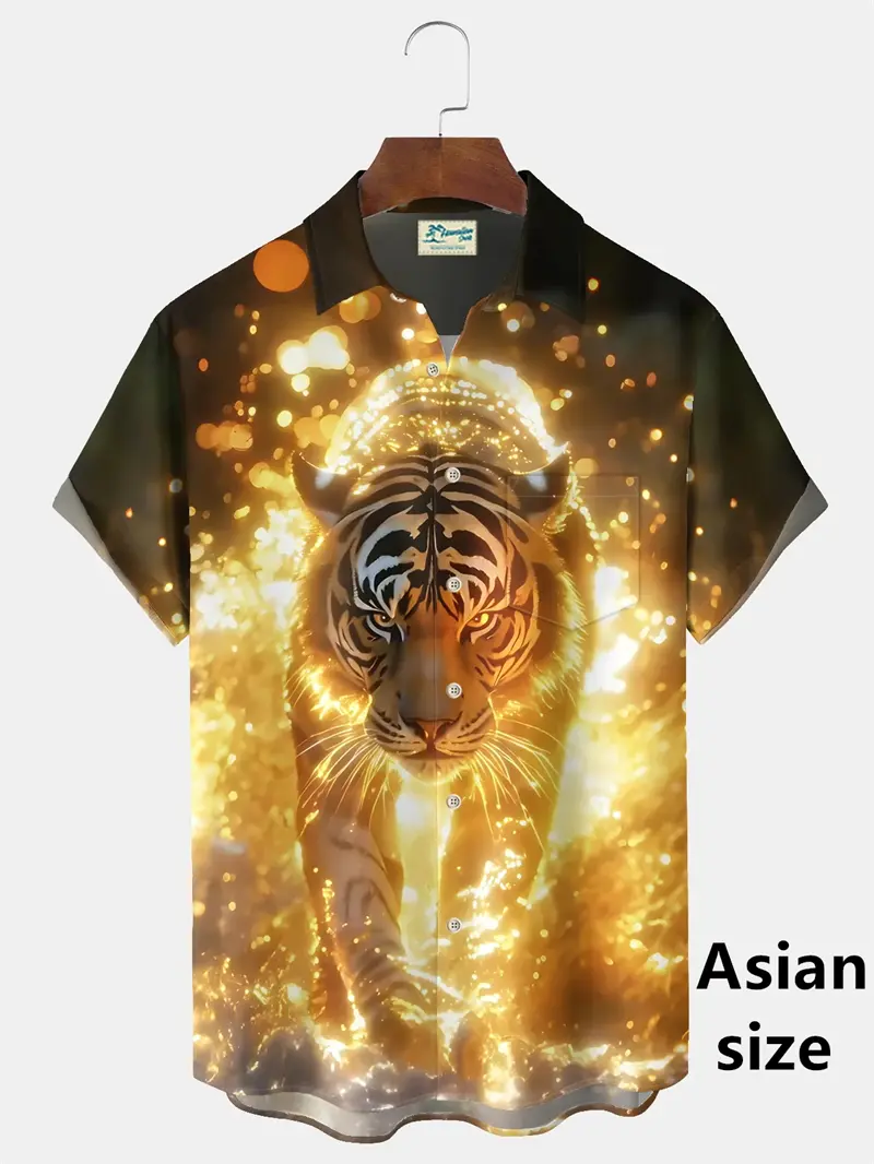 Summer New Animal Tiger Print Hawaiian Shirt For Men Fierce Beast Pattern Short Sleeved Button Lapel Tops Casual Oversized Shirt